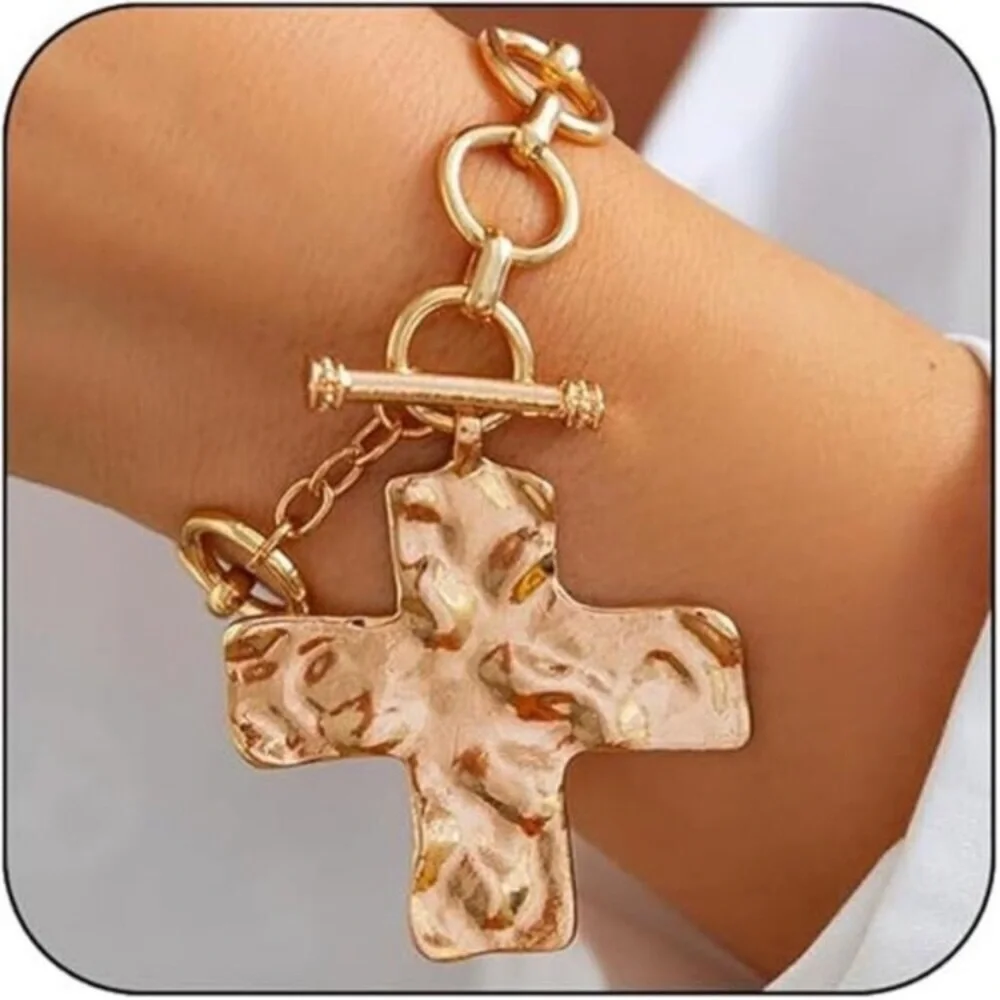 Chunky Big Hammered 24k Gold Plated Cross Bracelet Statement Faith Bracelet new